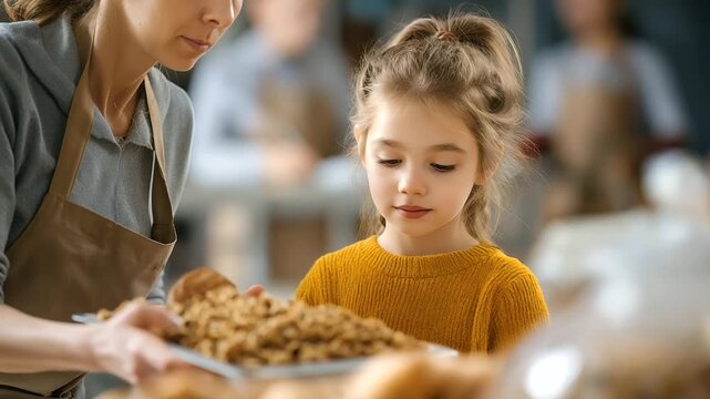 Young girl assisting, donation center distribution, free meals providing, local community need, charity workers service, humanitarian aid organization, food security program, facel