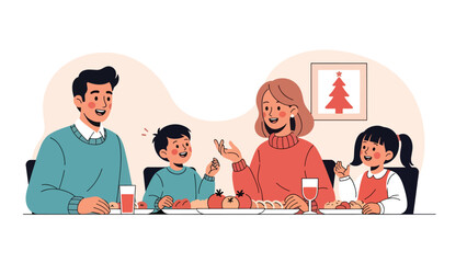 Modern flat vector illustration of a family enjoying a New Year dinner with festive food, conversation, and decorations. Ideal for cultural celebrations and holiday branding
