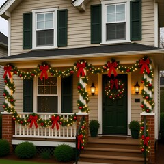 Fototapeta premium A house is decorated for Christmas with garlands, red bows, and warm lights. The decorations cover the porch and highlight the entryway, creating a festive atmosphere for the holiday Generative AI