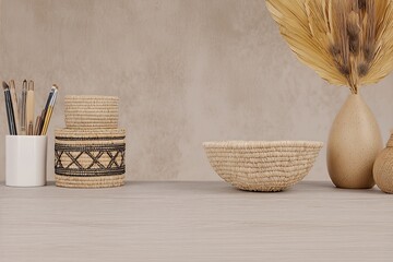 Fototapeta premium Bazaar Poster Concept Background Features Stacked Baskets and Decor Items on a Simple Table