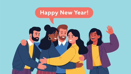Modern flat vector illustration of friends hugging and wishing “Happy New Year” with confetti and decorations. Ideal for greeting cards and celebration visuals
