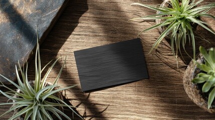 Blank black business card mockup on brushed metal with linear shadows