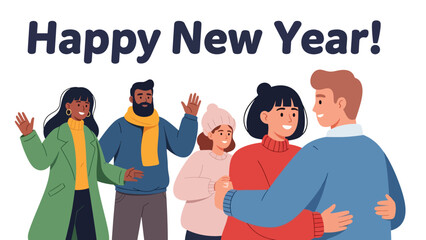 Modern flat vector illustration of friends hugging and wishing “Happy New Year” with confetti and decorations. Ideal for greeting cards and celebration visuals