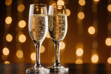Two champagne glasses filled with sparkling wine, set against a festive backdrop of twinkling lights, celebrating a joyful occasion.