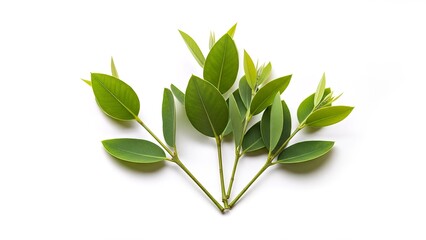 Fototapeta premium Fresh Green Myrtle Leaves Isolated on a Pristine White Background.