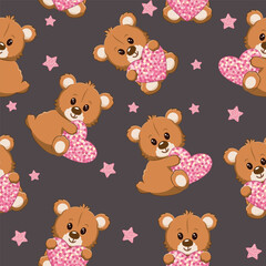 Vector seamless pattern. Illustration of many plush Teddy bears with sparkling hearts and sparkling stars. Happy Valentine's day, children, kids, shop, print, textile concept.