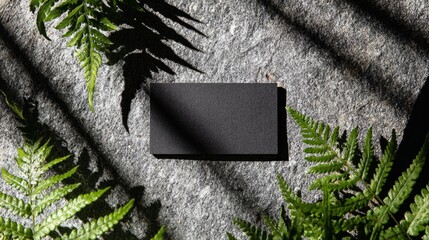 Blank black business card mockup on stone wall with architectural shadows