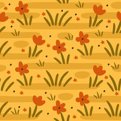 Vector seamless floral pattern. Soft small orange flowers on yellow background