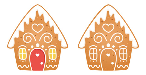 Set of gingerbread Christmas house cookies decorated with white and different colored icing. Winter holidays or homemade food theme. Vector illustration on white background.