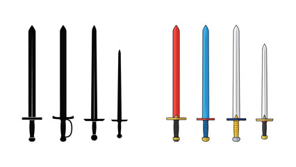 A collection of fantasy swords in various colors and designs shown together
