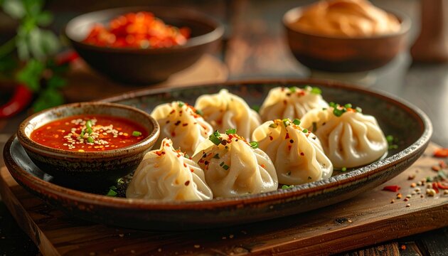 Steamed Chicken Momos Served with Fiery Red Chili Sauce, Garnished with Sesame Seeds and Spices