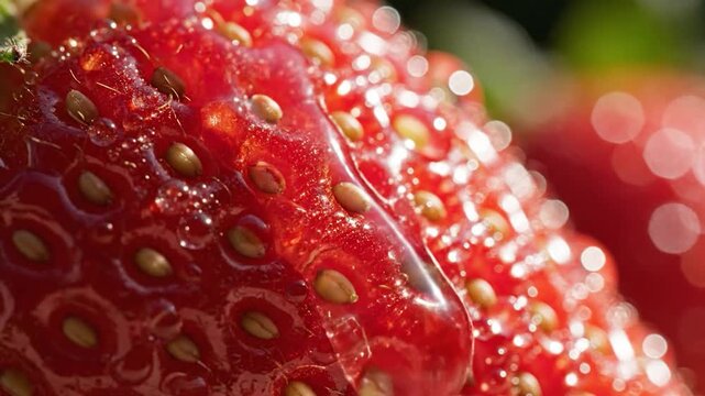 Close up of a juicy red strawberry with water droplets.