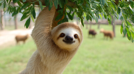 A charming sloth hanging from a tree branch with a smile. This adorable animal showcases the beauty of wildlife in a serene natural setting. Perfect for animal lovers and nature enthusiasts. AI