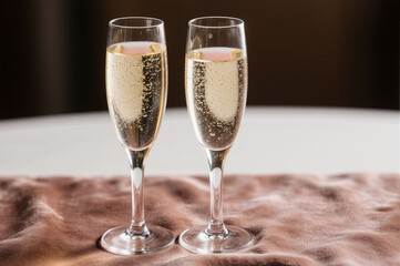 Two flutes of sparkling champagne on a luxurious velvet surface, evoking elegance and festivity.