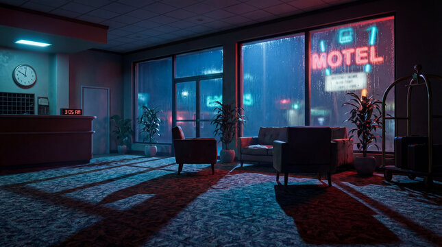 empty motel lobby at night with neon
