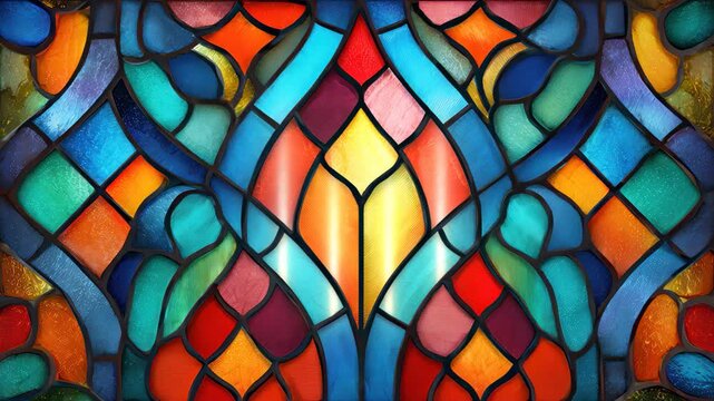 Colorful stained glass window design with intricate patterns in a church setting