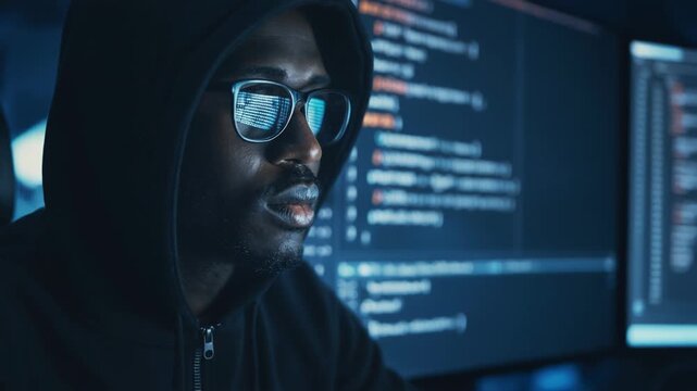 Focused hacker in a hoodie coding at night with computer screens displaying programming scripts