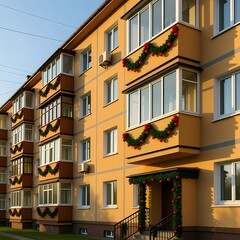 Obraz premium A building facade is decorated with green garland and red ornaments in preparation for Christmas and New Year festivities. The sun shines brightly on this winter scene Generative AI