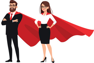 Superhero business man and woman illustration in red cape, confident professional characters, office success concept, leadership teamwork vector, empowered workplace people clipart © Morsalin Creatives
