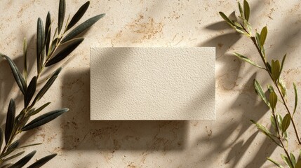 Blank white business card mockup on travertine with soft curved shadows