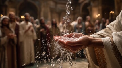 Hands pouring water in a sacred setting with a crowd observing the spiritual moment of connection