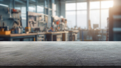 Interior of a modern workshop with many tools and a steel tabletop in the foreground © Agil