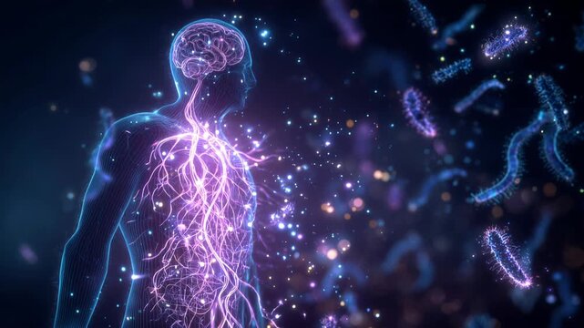 Glowing neural connections within human body, surrounded by bacteria, showcasing intricate biological interactions, camera zooms in for detail