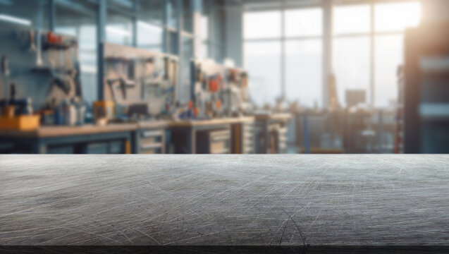 Interior of a modern workshop with many tools and a steel tabletop in the foreground