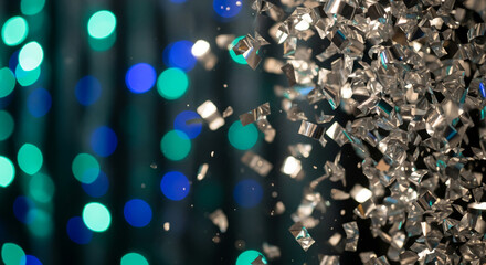 Image of shiny silver confetti falling against blurred blue and green bokeh lights, representing celebration, festive atmosphere, and special occasion