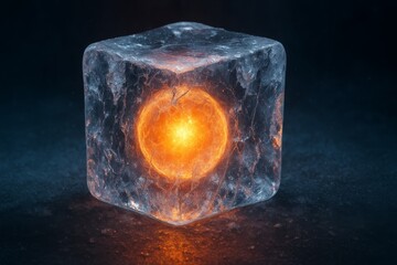 Glowing orange sphere trapped inside icy cube, abstract contrast of heat and cold on dark textured background.