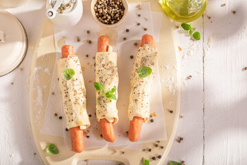 Delicious hot dogs with pepper and puff pastry.
