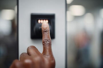 Person's finger pressing on a biometric scanner for identity verification and secure access