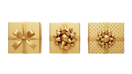 Golden Gift Boxes with Bows - Isolated on White, Celebration, Surprise, Present