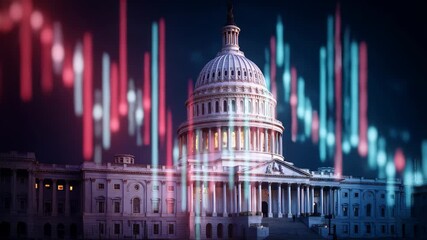 Capitol building illuminated at night with stock market graphs showcasing financial trends and economic data - Powered by Adobe