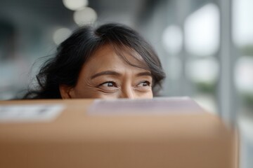 Woman's eyes peeking over a brown cardboard box, anticipating delivery