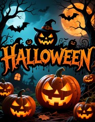 Brightly lit pumpkins with carved faces decorate the ground as bats fly through a dark sky. A full moon casts an eerie glow over a festive Halloween setting Generative AI