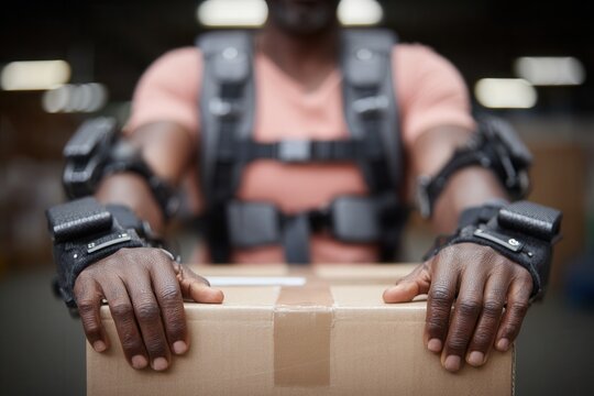 Warehouse worker wearing an assistive exoskeleton suit, handling a cardboard box - Powered by Adobe