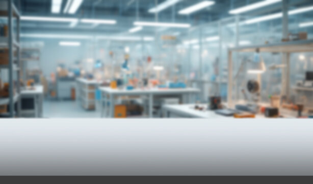 Empty table lab table and blurred scientific laboratory background. workspace for research, biotechnology, medical science, innovation and healthcare concept. For display or montage your products