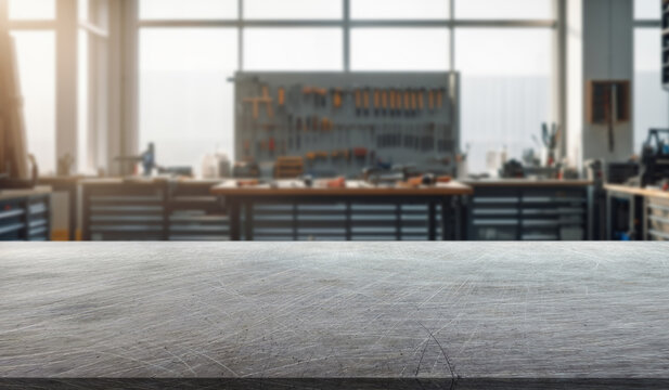 steel surface in the foreground and a car workshop with shelves and many tools