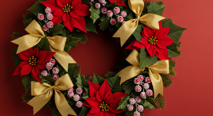 Festive wreath with red poinsettia, green foliage, golden bow, and frosted berry, creating a holiday concept, suitable for greeting or celebration