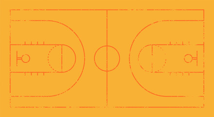 Basketball court outline illustration with distressed texture and worn line details, suitable for sports graphics, court design themes, athletic concepts and creative project visuals.