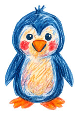 Cute Hand-Drawn Penguin Character &ndash; Adorable Cartoon Arctic Bird with Red Cheeks & Colored Pencil Crayon Texture | Kids Illustration Elements Collection