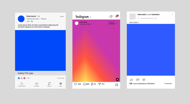 Instagram Facebook LinkedIn UI mockup with feed posts profile stories messages and professional social media interface design