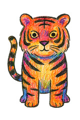 Cute Tiger Cub Illustration &ndash; Hand-Drawn Colorful Striped Big Cat in Crayon & Doodle Art Style | Whimsical Wildlife Elements Collection