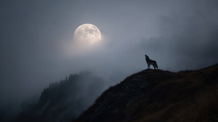 A wolf stands on a rocky ledge in a misty environment. The full moon illuminates the scene as the wolf howls surrounded by darkened trees and mountains.
