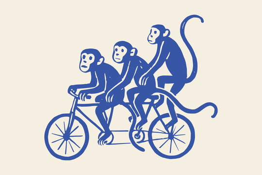 Three monkeys on bicycle hand drawn sketch vector illustration