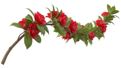 Red Camellia Branch Isolated on White, Spring Floral Design