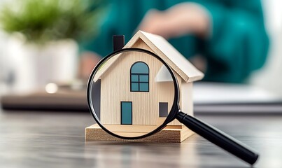 Home inspection concept with magnifying glass checking miniature house model