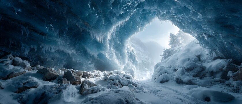 icy cave interior reflects a deep blue light