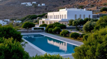 Fototapeta premium Stunning modern villa with a large swimming pool surrounded by lush greenery. A perfect retreat for relaxation and luxury. This image captures serene beauty and architectural elegance. AI